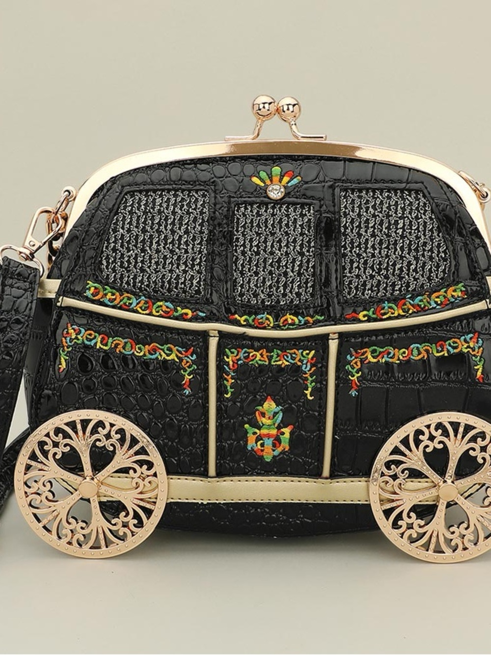 Black Embellished Novelty Carriage Crossbody Bag